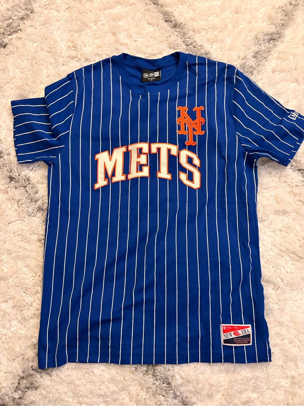 New Era Mets Royal Blue Pinstripe Tee with Orange Logo